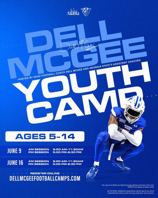Coach Enrique Davis (@enrique__davis) on Twitter photo We are looking forward to coaching up, evaluating, and building relationships at <a href="/GeorgiaStateFB/">GSU Football</a> Youth Camp!
Ages 5-14
When: June 9th and June 16th
Where: Atlanta at Center Park Stadium
Register ASAP‼️
🐾⚪️🔵 ⤵️
Dellmcgeefootballcamps.com
Registration Link 🔝🔝🔝🫵🏾‼️ We are looking forward to coaching up, evaluating, and building relationships at <a href="/GeorgiaStateFB/">GSU Football</a> Youth Camp!
Ages 5-14
When: June 9th and June 16th
Where: Atlanta at Center Park Stadium
Register ASAP‼️
🐾⚪️🔵 ⤵️
Dellmcgeefootballcamps.com
Registration Link 🔝🔝🔝🫵🏾‼️