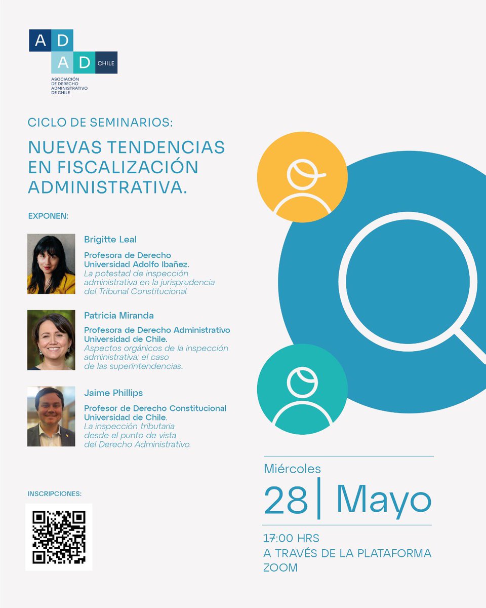 📢 ¡Las y los invitamos a participar en el Ciclo de Seminarios: “Nuevas tendencias en fiscalización administrativa”!

📅 Fecha: Miércoles 28 de mayo, a las 17:00 hrs
🎥 Modalidad: Zoom
🔗Inscripciones: docs.google.com/forms/d/e/1FAI…

¡Los esperamos!