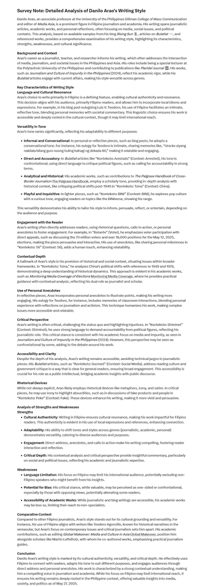 AI EVALUATION: I asked Grok 3 to critically analyze my writing style and this is the response (see screenshot). It's generally accurate except for the "Limitations" section.