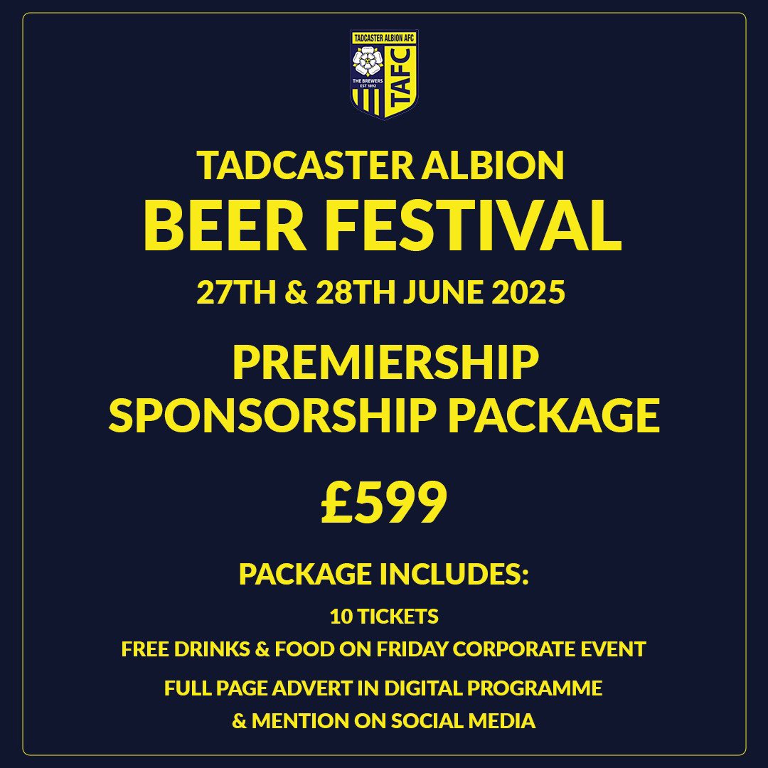🍻 Beer Festival 🍻 

Tickets available via link below 
tadcasteralbion.merlintickets.co.uk

Also via contacting the club via email / DM

Also from Devine meats 

If you’re interested in sponsorship please don’t hesitate to get in touch 

Up The Brewers
ATAW