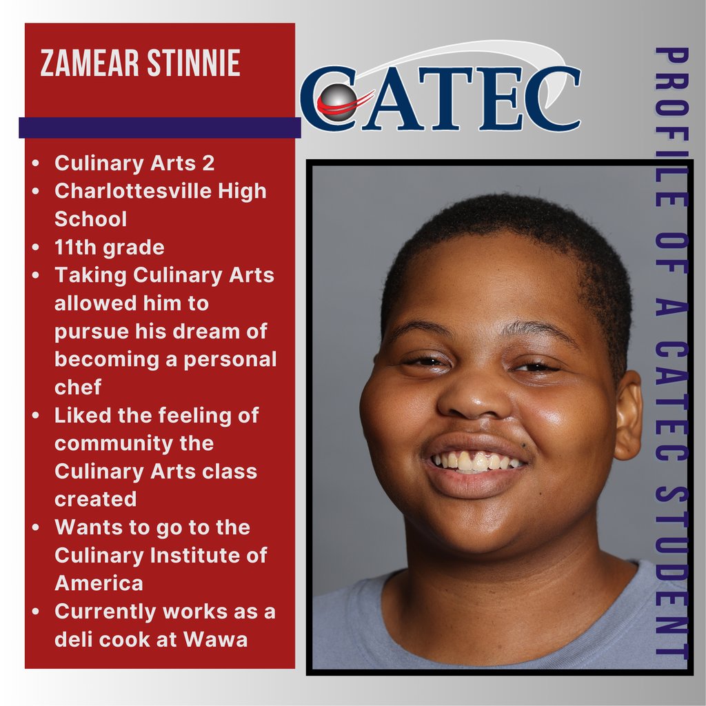 CATEC (@catechs) on Twitter photo It's our last posts of the year for our series Profile of a CATEC Student. This month we're celebrating Culinar 2, CHS 11th grader Zamear Stinnie. Zamear wants to work as a personal chef after attending the Culinary Institute of America. Congrats! <a href="/CvilleSchools/">Charlottesville City Schools</a> @cvilleschools It's our last posts of the year for our series Profile of a CATEC Student. This month we're celebrating Culinar 2, CHS 11th grader Zamear Stinnie. Zamear wants to work as a personal chef after attending the Culinary Institute of America. Congrats! <a href="/CvilleSchools/">Charlottesville City Schools</a> @cvilleschools