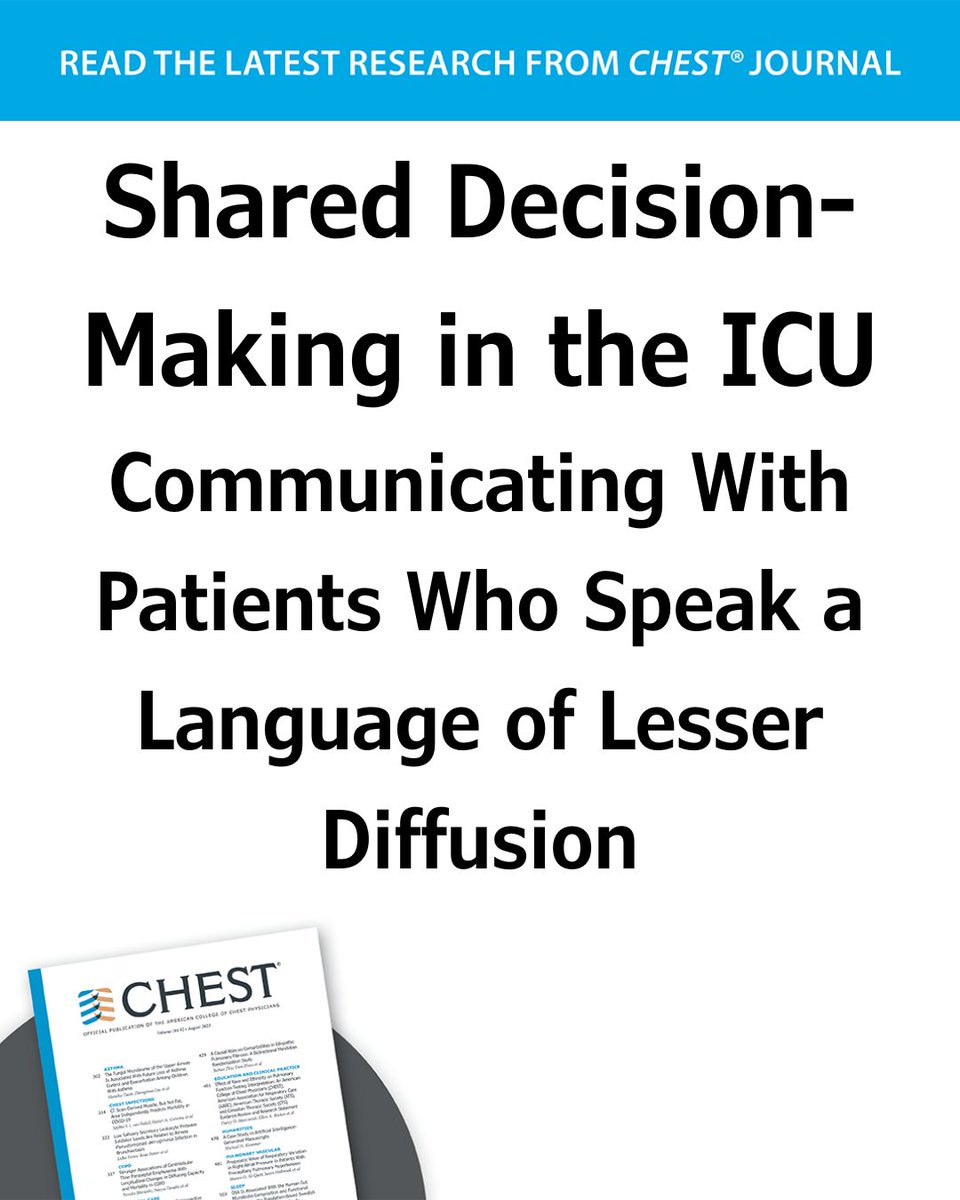 CHEST® Journal (@journal_chest) on Twitter photo Patients who speak less common languages often face added challenges in care due to limited interpreter access. A case-based discussion in the May issue of the journal CHEST® explores this disparity.
Read more: hubs.la/Q03p8DDm0
#JournalCHEST #HealthEquity #MedEd Patients who speak less common languages often face added challenges in care due to limited interpreter access. A case-based discussion in the May issue of the journal CHEST® explores this disparity.
Read more: hubs.la/Q03p8DDm0
#JournalCHEST #HealthEquity #MedEd
