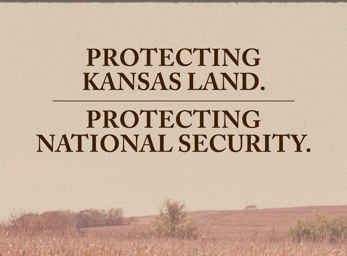 This session, the Legislature passed a bill to prohibit foreign adversaries from purchasing land in Kansas.

I'm proud to stand for commonsense legislation protecting our land and strengthening our national security.