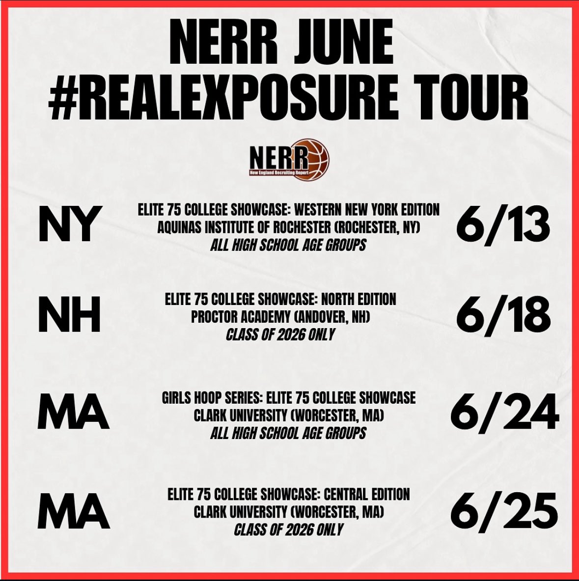 ICYMI: The Northeast’s premier exposure showcase returns this June in four installments.

6/13: Rochester, New York
6/18: Andover, New Hampshire
6/24: Worcester, Massachusetts (Girls)
6/25: Worcester, Massachusetts

More info and where to register ⬇️

newenglandrecruitingreport.com/in-the-news/wh…