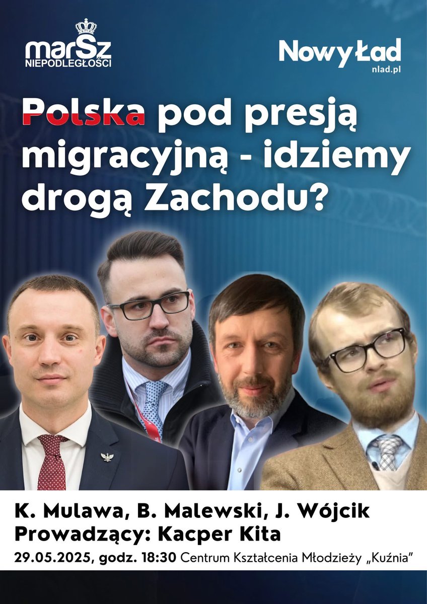 📍 Już w czwartek, 29 maja o 18.30 serdecznie zapraszam do <a href="/CentrumKuznia/">Centrum Kształcenia Młodzieży Kuźnia</a> (ul. Stawki 4B lok. U1, Warszawa) na kolejną debatę z cyklu #GłosNiepodległości 🇵🇱

Tym razem porozmawiamy na temat, który nie schodzi z nagłówków:
Polska pod presją migracyjną – idziemy drogą Zachodu?

W