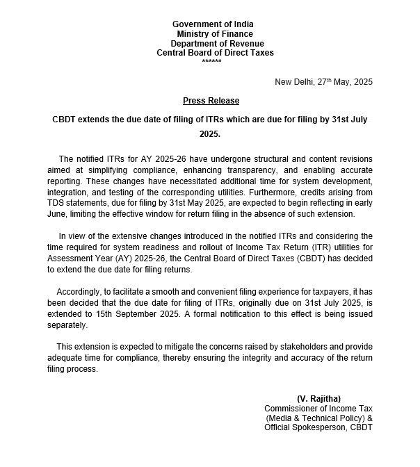 NikitaS_Live's tweet image. CBDT has decided to extend due date of filing of #ITRs, which are due for filing by 31st July 2025, to 15th Sept 2025. This extension will provide more time due to significant revisions in ITR forms, system development needs, &amp;amp; TDS credit reflections. #itr