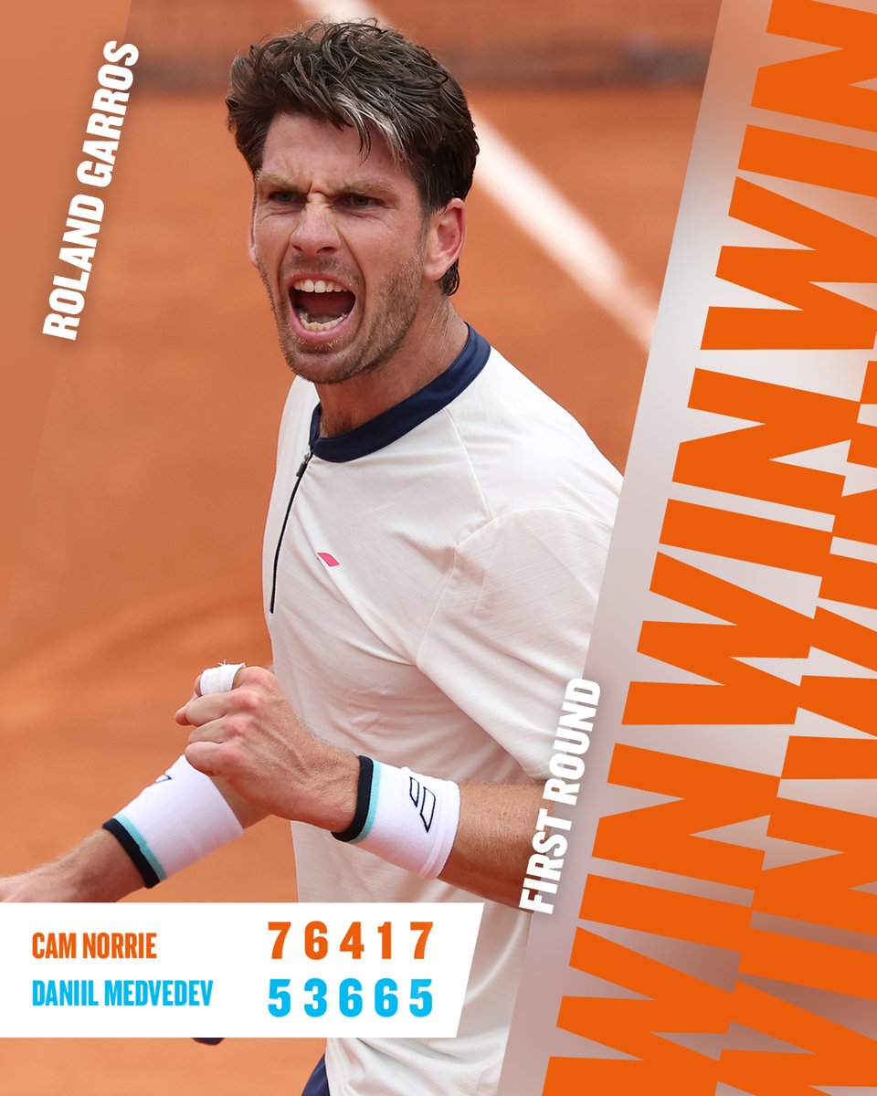 the_LTA's tweet photo. CAM COMES THROUGH A THRILLER!!! 🦾

@cam_norrie battles past 11th seed Daniil Medvedev to reach Round Two in Paris

#BackTheBrits 🇬🇧 | #RolandGarros https://t.co/VVd7Qf3iAb