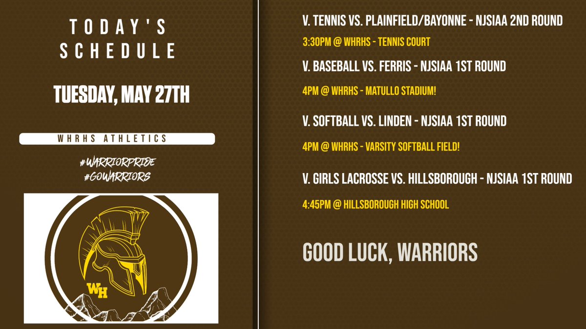 WHRHS Athletics (@whrhs_athletics) on Twitter photo Today's Athletic Schedule. Good luck, Warriors! <a href="/WarrenTAP/">Warren TAP</a> <a href="/whrhs_district/">Watchung Hills Regional High School</a> Today's Athletic Schedule. Good luck, Warriors! <a href="/WarrenTAP/">Warren TAP</a> <a href="/whrhs_district/">Watchung Hills Regional High School</a>