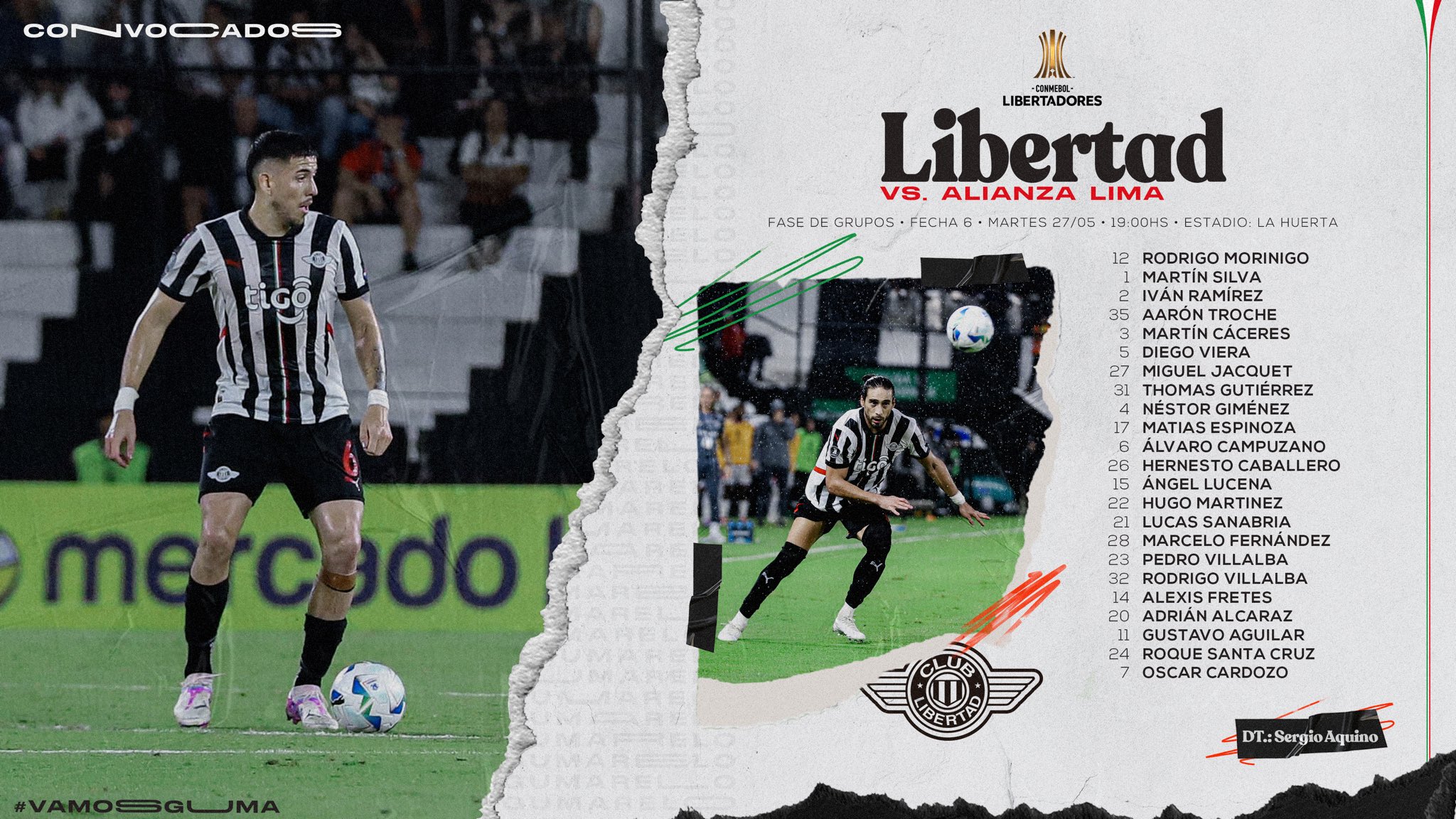Lista de convocados para el encuentro ante Alianza Lima.
Morinigo, Silva, Ramírez, Troche, Cáceres, Viera, Jacquet, Gutiérrez, Giménez, Espinoza, Campuzano, Caballero, Lucena, Martínez, Sanabria, Fernández, Villalba P, Villalba R, Fretes, Alcaraz, Aguilar, Santa Cruz, Cardozo.