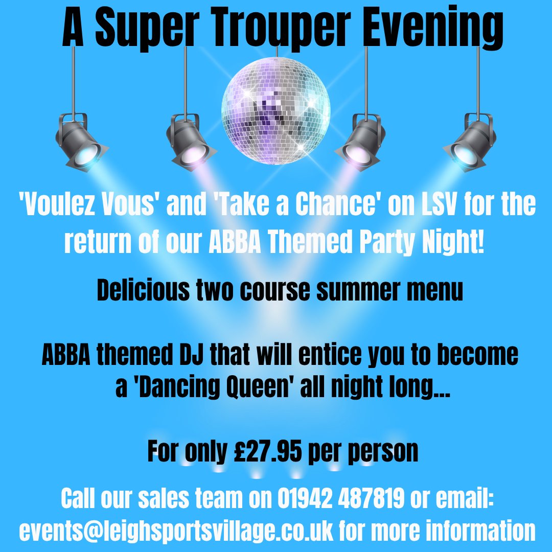 Leigh Sports Village (@lsvstadium) on Twitter photo ๐๐๐๐ ๐๐ก๐๐ฆ๐๐ ๐๐๐ซ๐ญ๐ฒ ๐๐ข๐ ๐ก๐ญ
'Voulez Vousโ and โTake a Chanceโ on LSV for the return of our ABBA themed night on Saturday 5th July.
Tickets are only ยฃ27.95pp!
leighsportsvillage.co.uk/events/abba-thโฆ
๐จevents@leighsportsvillage.co.uk
๐ฒ01942 487819 ๐๐๐๐ ๐๐ก๐๐ฆ๐๐ ๐๐๐ซ๐ญ๐ฒ ๐๐ข๐ ๐ก๐ญ
'Voulez Vousโ and โTake a Chanceโ on LSV for the return of our ABBA themed night on Saturday 5th July.
Tickets are only ยฃ27.95pp!
leighsportsvillage.co.uk/events/abba-thโฆ
๐จevents@leighsportsvillage.co.uk
๐ฒ01942 487819