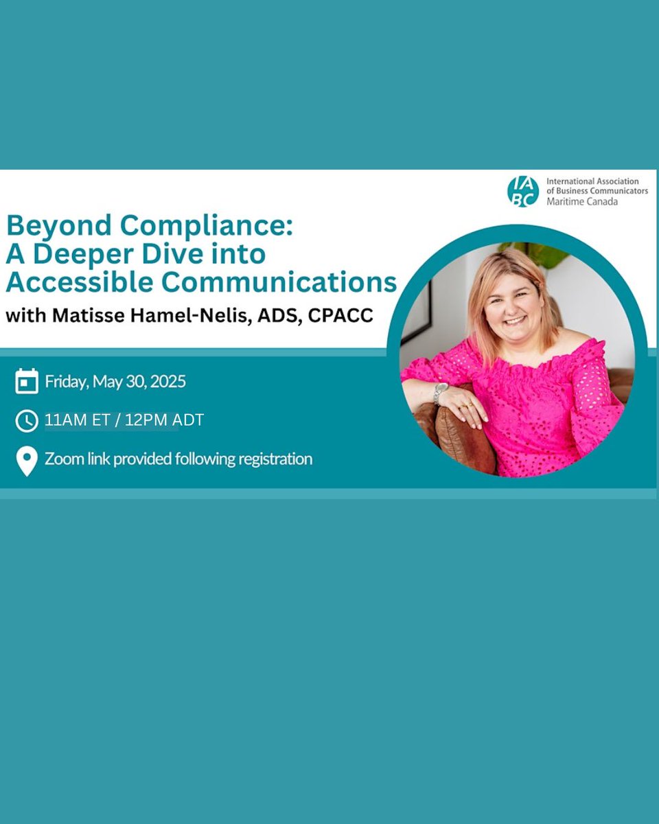 POST 2/2:

#IABC webinars THIS week! 📅👈

2️⃣ Join #IABCMaritimeCanada for “Beyond Compliance: A Deeper Dive into Accessible Communications” on Fr, May 30 @ 11am ET / 12pm ADT. 

 #Accessibility #IABCDC #IABCCER

More info/register: buff.ly/d2sbb6W