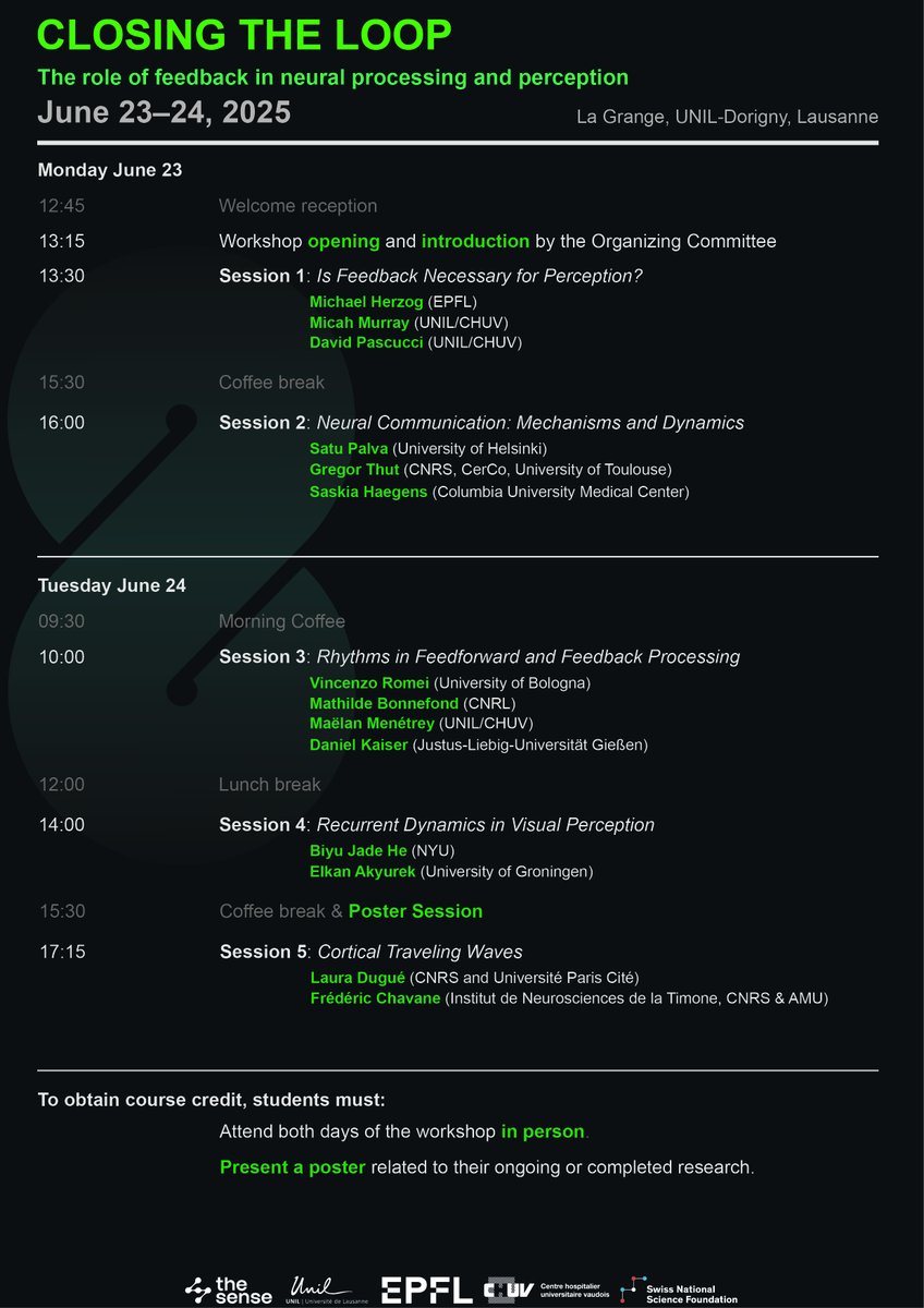 David__Pascucci's tweet image. Looking forward to this one...Join us for a workshop on feedback in perception & neural processing — with top international speakers.
Hosted by @unil /@CHUVLausanne & @EPFL
🎓 LNDS & EDNE PhDs: credits via poster
Register: tinyurl.com/3snapbcp
@snf_ch