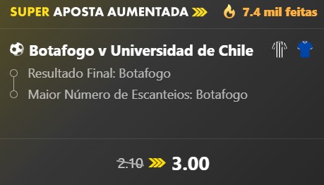 💥Super ODDS para Botafogo x Universidad de Chile - odds 3 - Limite R$70

▶️Botafogo precisa vencer a partida para classificar. Por isso, os cantos são mt favoraveis. Eu gosto dessa ODDS 3.

🔗Link da Super Odds: bet365.bet.br/olp/open-accou…

🔞Jogue com responsabilidade.
