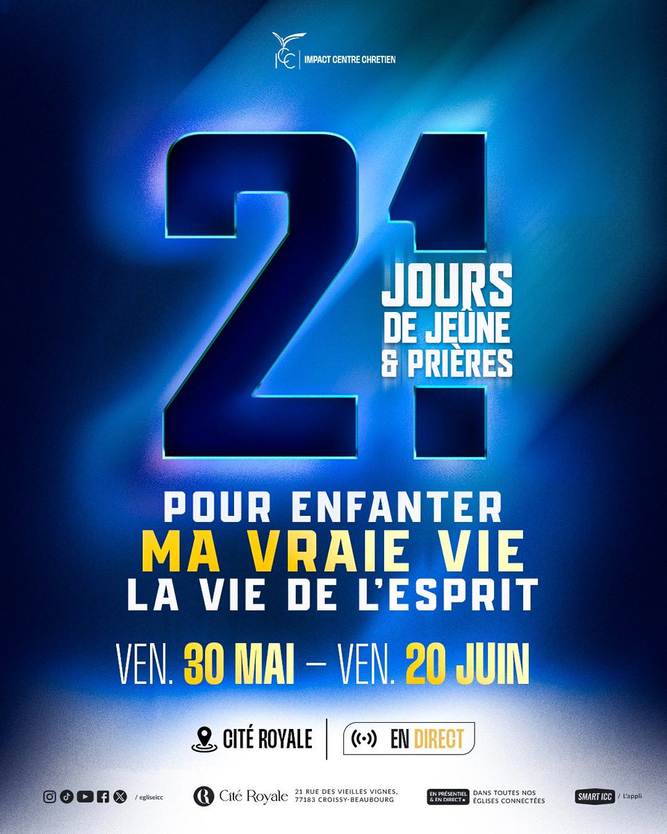🔴 Rendez-vous dans 3 jours pour notre campagne corporate de 21 jours de jeûne et de prières ! 🔥

🗓 Du vendredi 30 mai au vendredi 20 juin 2025
📍 En présentiel à la Cité Royale
🌐 En direct avec toutes nos églises connectées

Sois au rendez-vous !