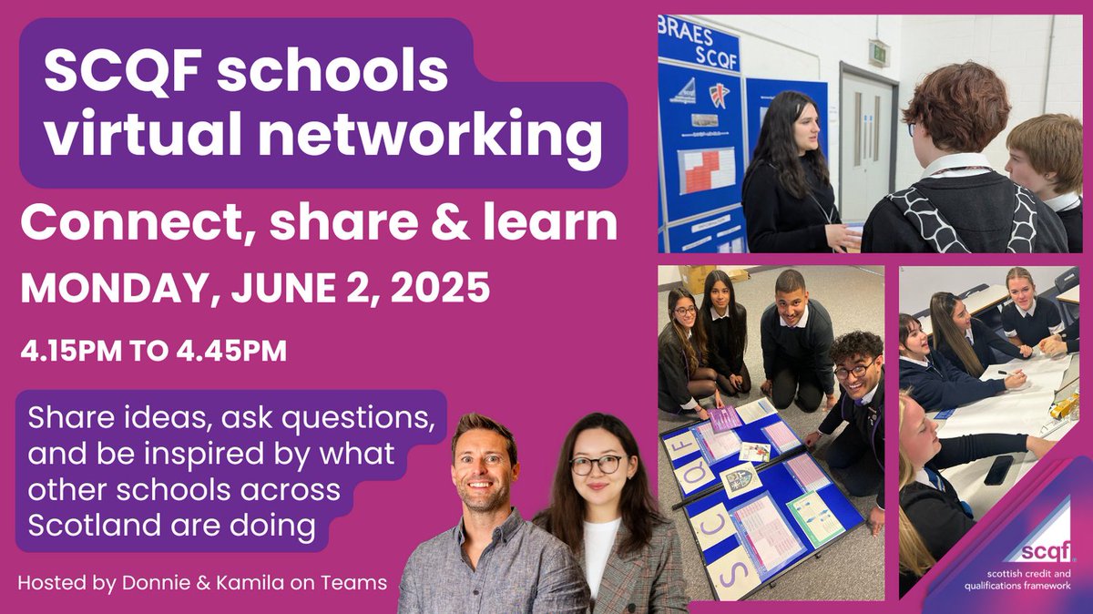 SCQF Partnership (@scqfpartnership) on Twitter photo ⏳Time's running out to secure your space at our SCQF Ambassador schools support virtual session!
👥 Hosted by <a href="/Donnie_SCQF/">Donnie Wood</a> & <a href="/Kamila_SCQF/">Kamila Aitzhanova</a> on Mon, 2 June, 4.15-4.45pm.
🔗 Register today: events.teams.microsoft.com/event/4d6e2489…
#SCQFSchools ⏳Time's running out to secure your space at our SCQF Ambassador schools support virtual session!
👥 Hosted by <a href="/Donnie_SCQF/">Donnie Wood</a> & <a href="/Kamila_SCQF/">Kamila Aitzhanova</a> on Mon, 2 June, 4.15-4.45pm.
🔗 Register today: events.teams.microsoft.com/event/4d6e2489…
#SCQFSchools