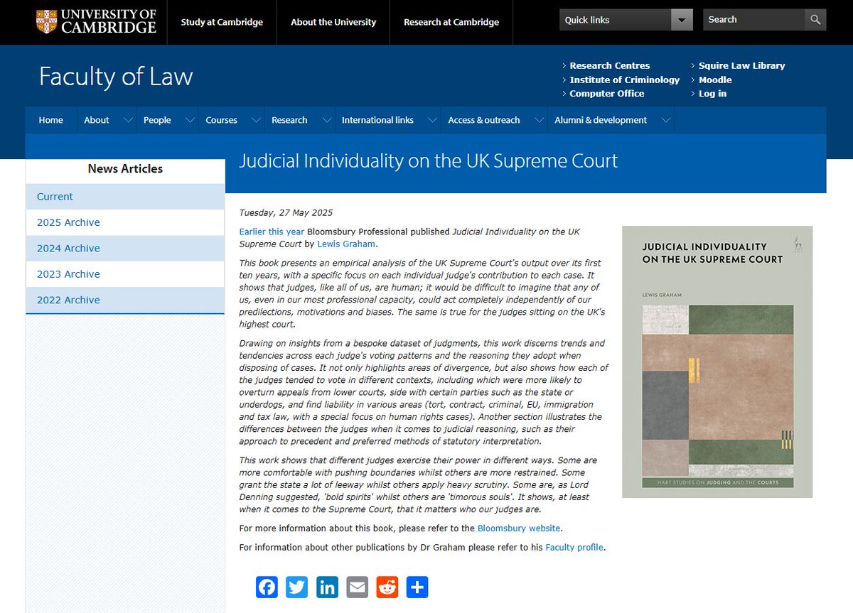 Faculty of Law (@cambridgelaw) on Twitter photo 📢 <a href="/BloomsburyBooks/">Bloomsbury Books UK</a> has published 'Judicial Individuality on the UK Supreme Court' by Dr Lewis Graham (<a href="/christs_college/">Christ's College</a>) an empirical analysis of the <a href="/UKSupremeCourt/">UK Supreme Court</a>'s output over its first 10 years with a specific focus on each individual judge:
🔗 law.cam.ac.uk/press/news/202… 📢 <a href="/BloomsburyBooks/">Bloomsbury Books UK</a> has published 'Judicial Individuality on the UK Supreme Court' by Dr Lewis Graham (<a href="/christs_college/">Christ's College</a>) an empirical analysis of the <a href="/UKSupremeCourt/">UK Supreme Court</a>'s output over its first 10 years with a specific focus on each individual judge:
🔗 law.cam.ac.uk/press/news/202…