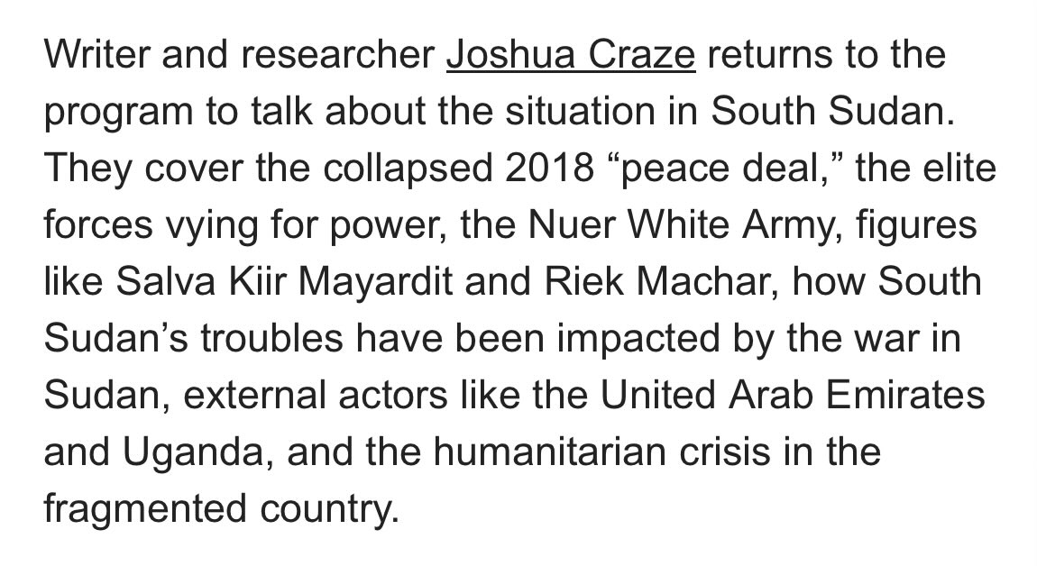 American Prestige (@amprestigepod) on Twitter photo E213 - South Sudan’s Failed Peace Deal w/ <a href="/joshua_craze/">Joshua Craze</a>
Joshua Craze is back on the program to talk about the situation in South Sudan. E213 - South Sudan’s Failed Peace Deal w/ <a href="/joshua_craze/">Joshua Craze</a>
Joshua Craze is back on the program to talk about the situation in South Sudan.
