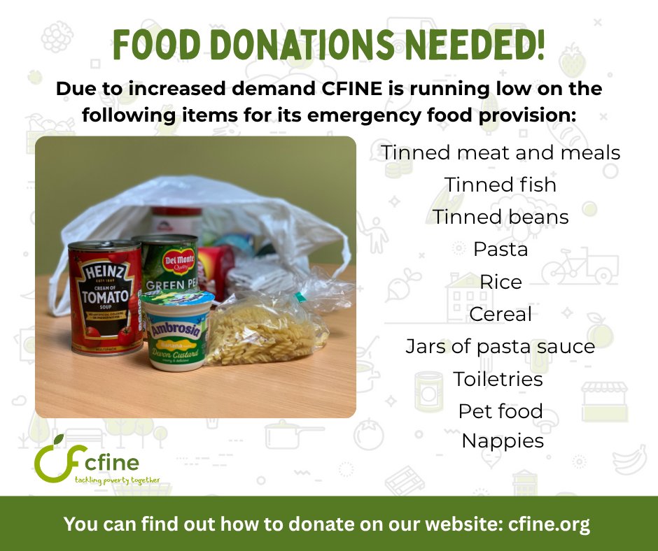 CFINEAberdeen's tweet image. CFINE is low on supplies to include in our emergency food provision and want to encourage support through donations.
Our emergency food provision is a lifeline for many around the city and every donation can help to make a difference.
cfine.org/get-involved/d…
#Aberdeen