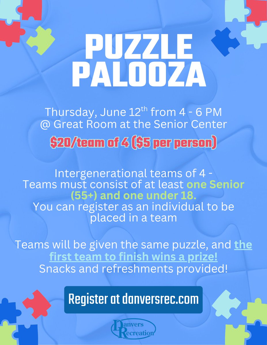 DanversRec's tweet image. 🧩✨ Ready to put your puzzle skills to the test? Join us for Puzzle Palooza on Thursday, June 12th from 4–6 PM at the Senior Center! Register at danversrec.com