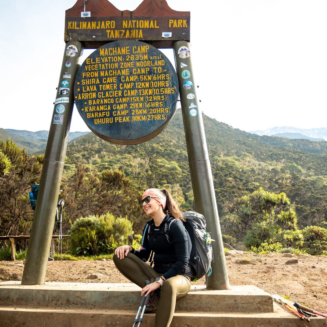 This proud trekker just reached Machame Camp, the first stop on the Machame Route to the top of Kilimanjaro.

Known as the "Whiskey Route," Machame is one of the most beautiful and popular trails, with forests, ridges, and epic views along the way.