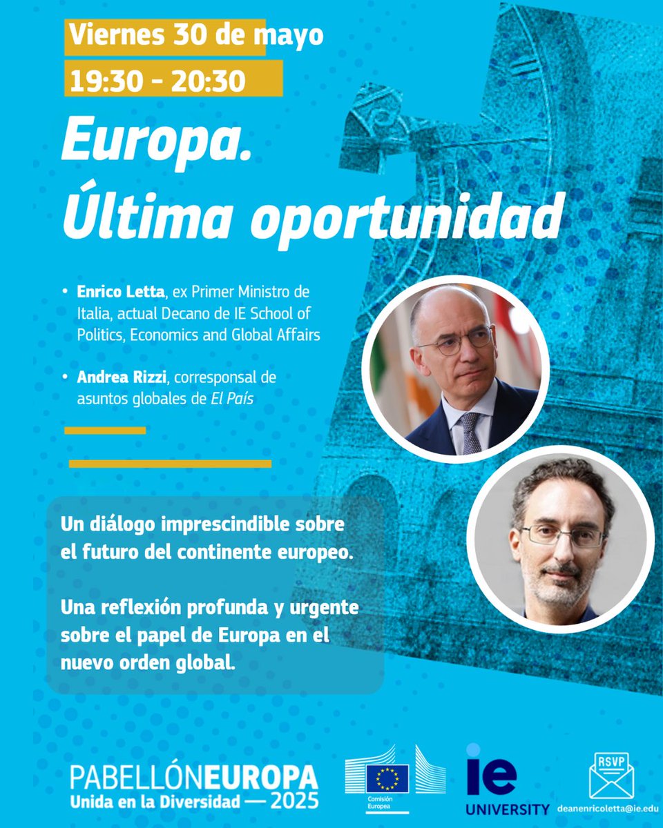 This week Europa. Última oportunidad is 🌟In the Spotlight🌟

Join <a href="/EnricoLetta/">Enrico Letta</a>  and <a href="/and_rizzi/">Andrea Rizzi</a> at the Madrid Book Fair to reflect on Europe’s future in a shifting global order.

🗓 May 30  🕢 19:30 📍 Pabellón de Europa
🔗 e.cglink.me/2kb/r300377826
 #IEUniversity