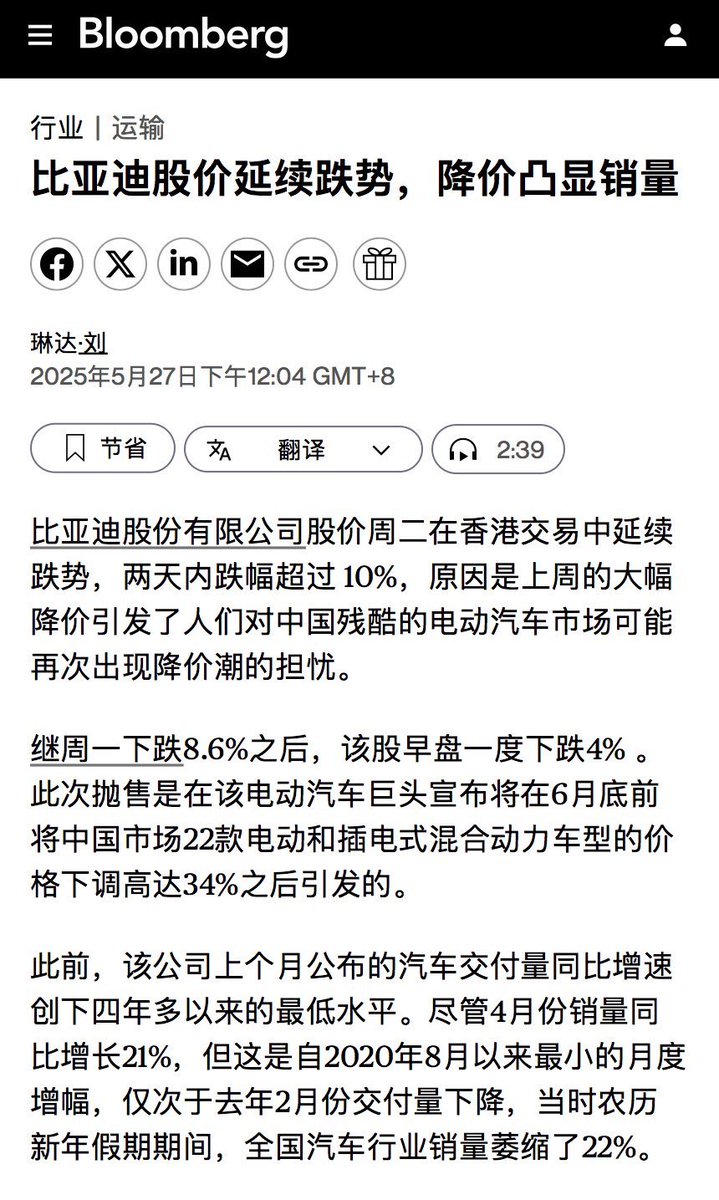 彭博社：#比亚迪#股价暴跌，降价凸显公司前景堪忧比亚迪股价 两天内跌幅超过10%，原因是上周的大幅降价引发了人们对中国残酷的电动汽车市场可能再次出现降价潮的担忧。