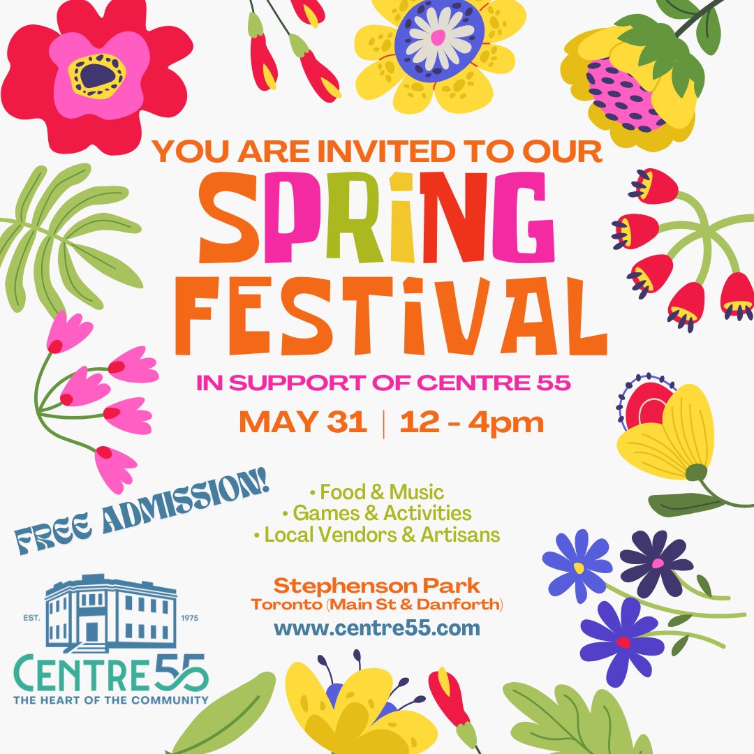 Join us this Saturday at Stephenson Park from 12 - 4pm for our annual #SpringFestival! Enjoy games, a bouncy castle, local vendors, the music of DJ Mike, &amp; tasty treats like hotdogs &amp; popsicles! Free admission for a fun day at the park, rain or shine, in support of <a href="/Centre55/">Community Centre 55</a>