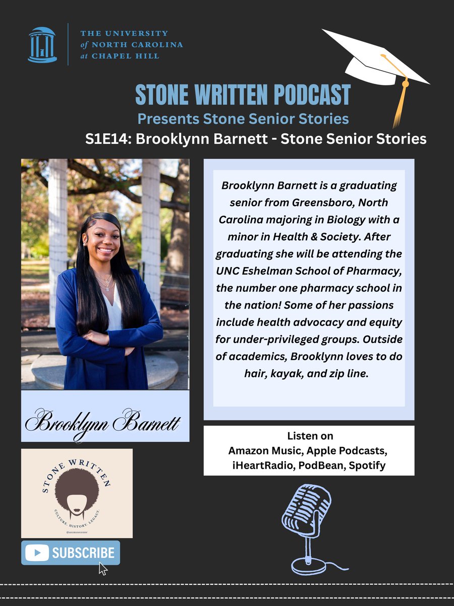 Stone Written Podcast presents Stone Senior Stories celebrating inspiring journeys of graduating seniors. Guest Host Melanie Cabrero chats with Brooklynn Barnett, a graduating senior at UNC-CH majoring in Biology with a minor in Health &amp; Society! Listen: go.unc.edu/Rs3j4