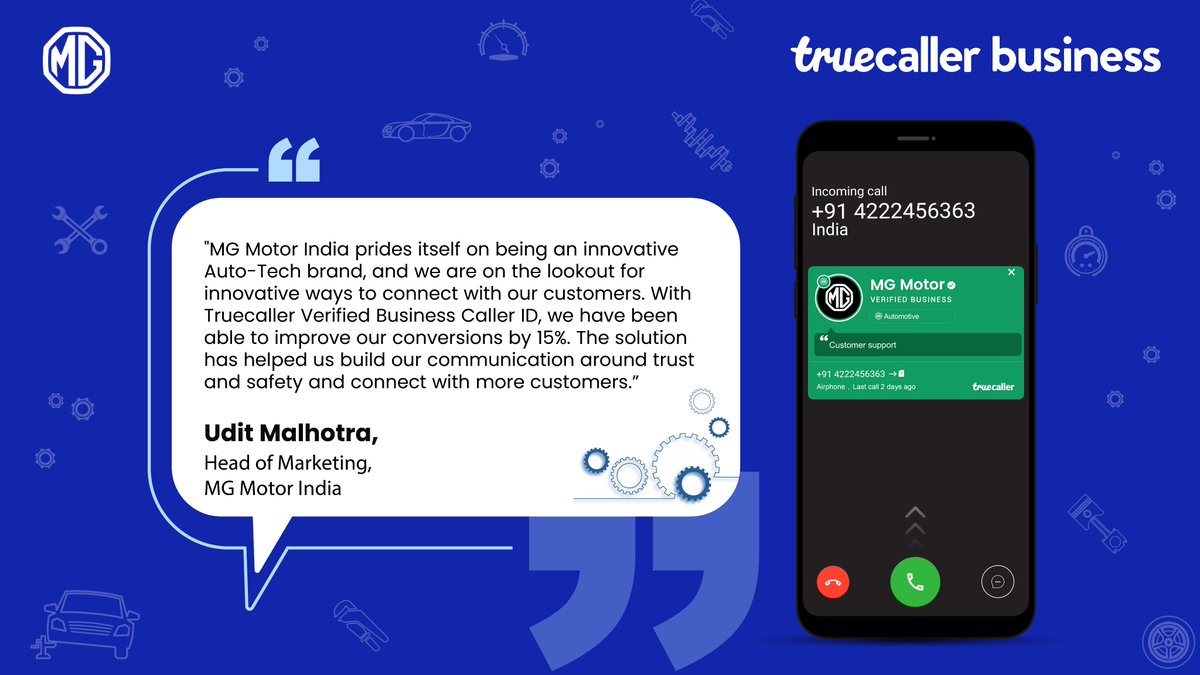 Truecaller for Business (@biztruecaller) on Twitter photo Driven by innovation, powered by trust. 💙
We’re proud to join <a href="/MGMotorIn/">Morris Garages India</a> to bring more context, clarity, and confidence to their customer communication.
Here’s what the team had to say about their experience with <a href="/BizTruecaller/">Truecaller for Business</a> 👇
#truecaller #truecallerbusiness #MG #CX Driven by innovation, powered by trust. 💙
We’re proud to join <a href="/MGMotorIn/">Morris Garages India</a> to bring more context, clarity, and confidence to their customer communication.
Here’s what the team had to say about their experience with <a href="/BizTruecaller/">Truecaller for Business</a> 👇
#truecaller #truecallerbusiness #MG #CX