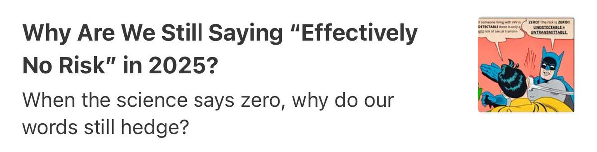 Why are we still saying “effectively no risk” in 2025 when the science is clear? If someone is undetectable, they cannot transmit HIV. Zero risk. Period.

Read my latest blog: theaccidentalhivactivist.substack.com/p/why-are-we-s…

#UequalsU #ZeroRisk #HIVAwareness #PLHIVLeadersNow #ICanGiveU