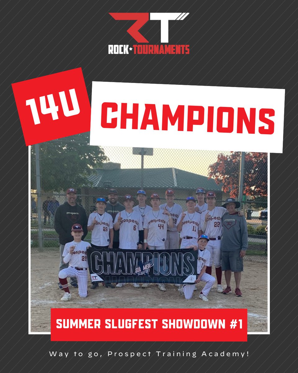 Rock Tournaments (@rocktournaments) on Twitter photo 🥇 CHAMPIONS 🥇
Congratulations to our champs from this weekend’s Summer Slugfest Showdown #1 at the <a href="/RecPlex/">RecPlex</a>!
9U - <a href="/MilwaukeeAngels/">Milwaukee Angels</a> - Red
11U - <a href="/stiksacademy/">GRB STiKS Baseball</a> - Derouin
13U - <a href="/Sparks_North/">Cangelosi Sparks North</a> - Quinley
14U - <a href="/ProspectsBSB/">Prospect Training</a> - Margoni
#rocktournaments #playlikeitssunday 🥇 CHAMPIONS 🥇
Congratulations to our champs from this weekend’s Summer Slugfest Showdown #1 at the <a href="/RecPlex/">RecPlex</a>!
9U - <a href="/MilwaukeeAngels/">Milwaukee Angels</a> - Red
11U - <a href="/stiksacademy/">GRB STiKS Baseball</a> - Derouin
13U - <a href="/Sparks_North/">Cangelosi Sparks North</a> - Quinley
14U - <a href="/ProspectsBSB/">Prospect Training</a> - Margoni
#rocktournaments #playlikeitssunday