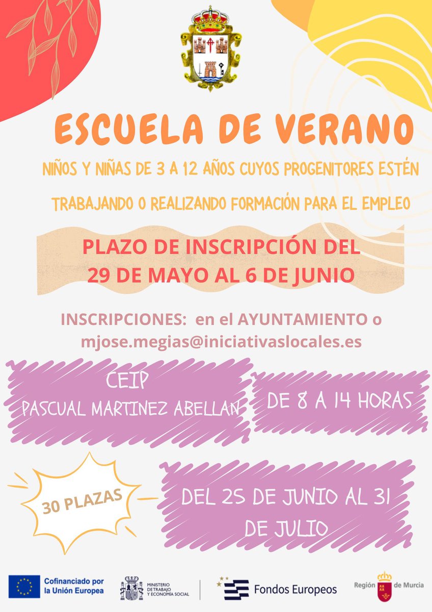 ☀️ SERVICIO GRATUITO ESCUELA DE VERANO ⛱️

El Ayuntamiento de Pliego pone en marcha la escuela de Verano para el apoyo a las familias y la diversión de los más pequeños☀️🍉🩴 

🔗pliego.org/actualidad/ser…