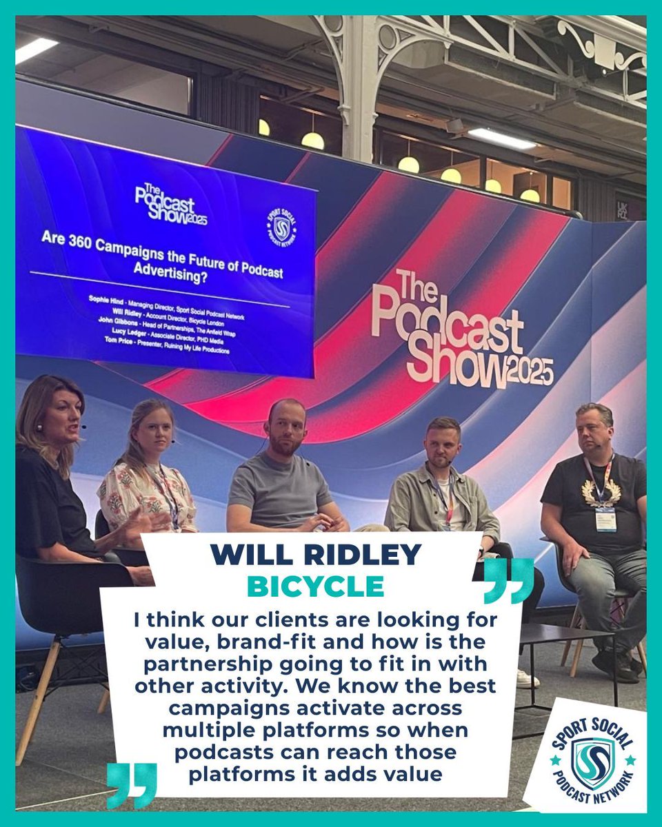 TheSportSocial's tweet photo. Great to have @WillyRidley join our panel at @PodcastShowLDN last week, where we explored the power of 360 activations in podcasting.

Will brought valuable insights on how these strategies can help creators maximise the potential of their content not just in terms of reach, but also revenue and brand growth.

Exciting times for creators who are ready to think beyond the audio 👏🏻
