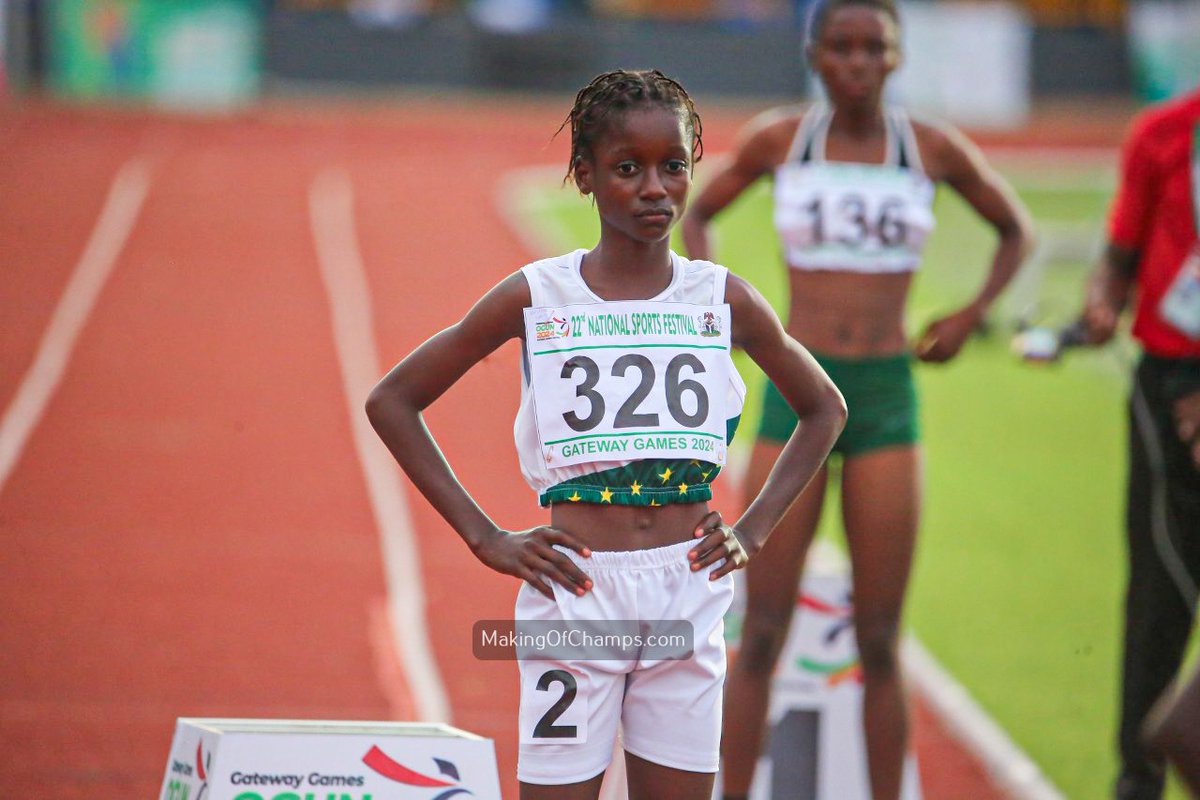 12 years old Hephzibah Okon from Ikot Ekpene is competing in her first National Sports Festival ongoing in Abeokuta, Ogun State. Although she didn't make it out of her 400m heat, she is surely one for the future. 

Well done Hephzibah.