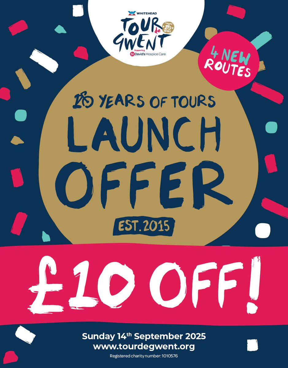 🚲  LAUNCH OFFER - £10 OFF ENTRY! 🚲 

The Whitehead Building Services Tour de Gwent 2025 is open for registration and to celebrate we're offering £10 off all routes!

Use the code EARLY10 at checkout to apply your discount.

Register here: tourdegwent.org

#cycling