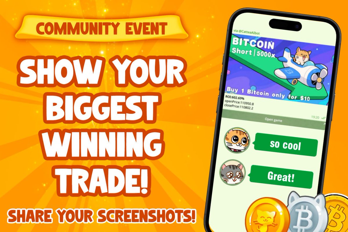 ❗️SHOW US YOUR WINS! 💸
Did you just earn big from a sky-high Cattea trade? It’s time to show off. 📸

Post a screenshot of your winning trade in Cattea — we’re picking 50 lucky pilots to receive 🪙5,000,000 CATTEA each! 💰

Here’s how to enter:
1️⃣ Follow us on X and Telegram
2️⃣
