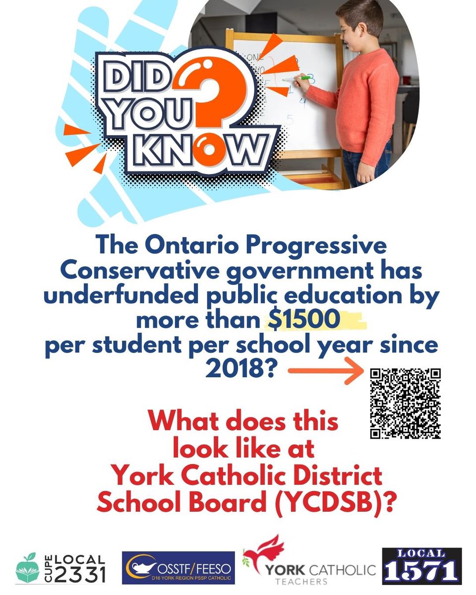YorkOECTA's tweet photo. The ON PC’s continues to underfund education, leaving students without the support they need. Bigger class sizes, fewer resources, and overwhelmed educators are taking a toll on student success. Contact your trustee and MPP to tell them to invest in publicly funded education. https://t.co/dUoG6GasXD