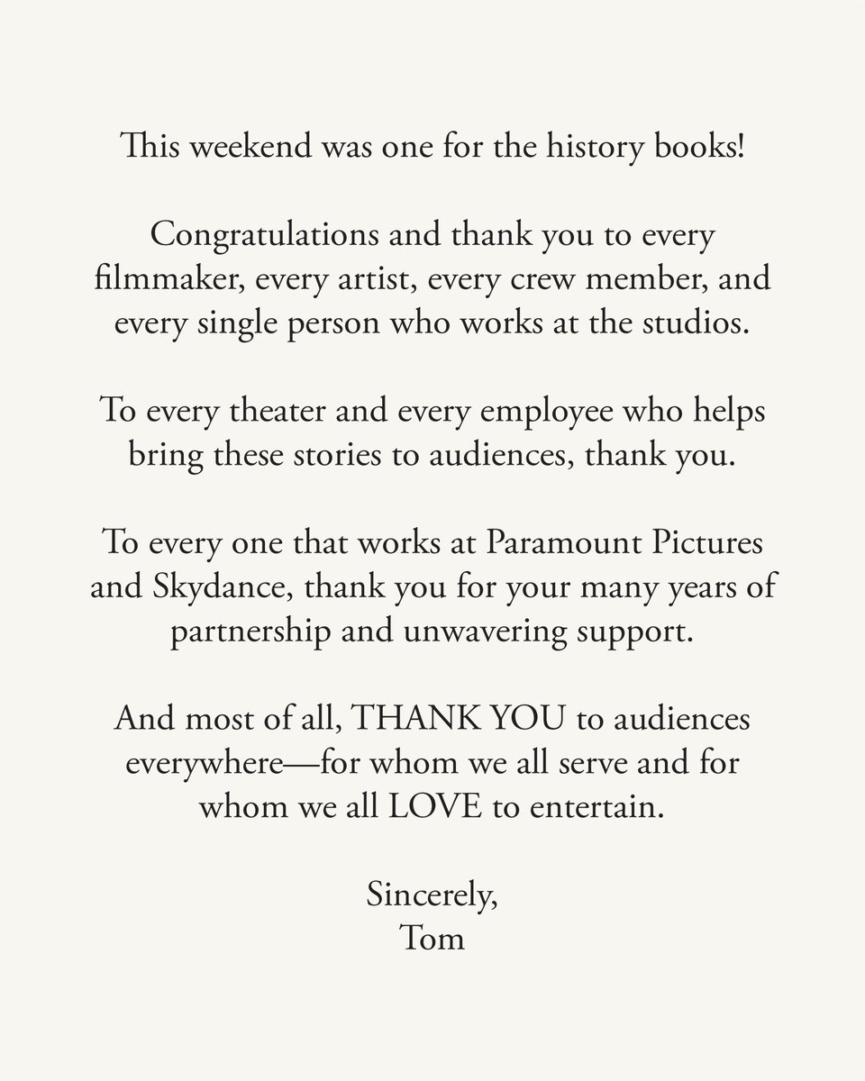 Tom Cruise has released a thank you message after the opening weekend success of ‘MISSION IMPOSSIBLE: THE FINAL RECKONING’

“Thank you to audiences everywhere, for whom we all serve and for whom we all love to entertain!”