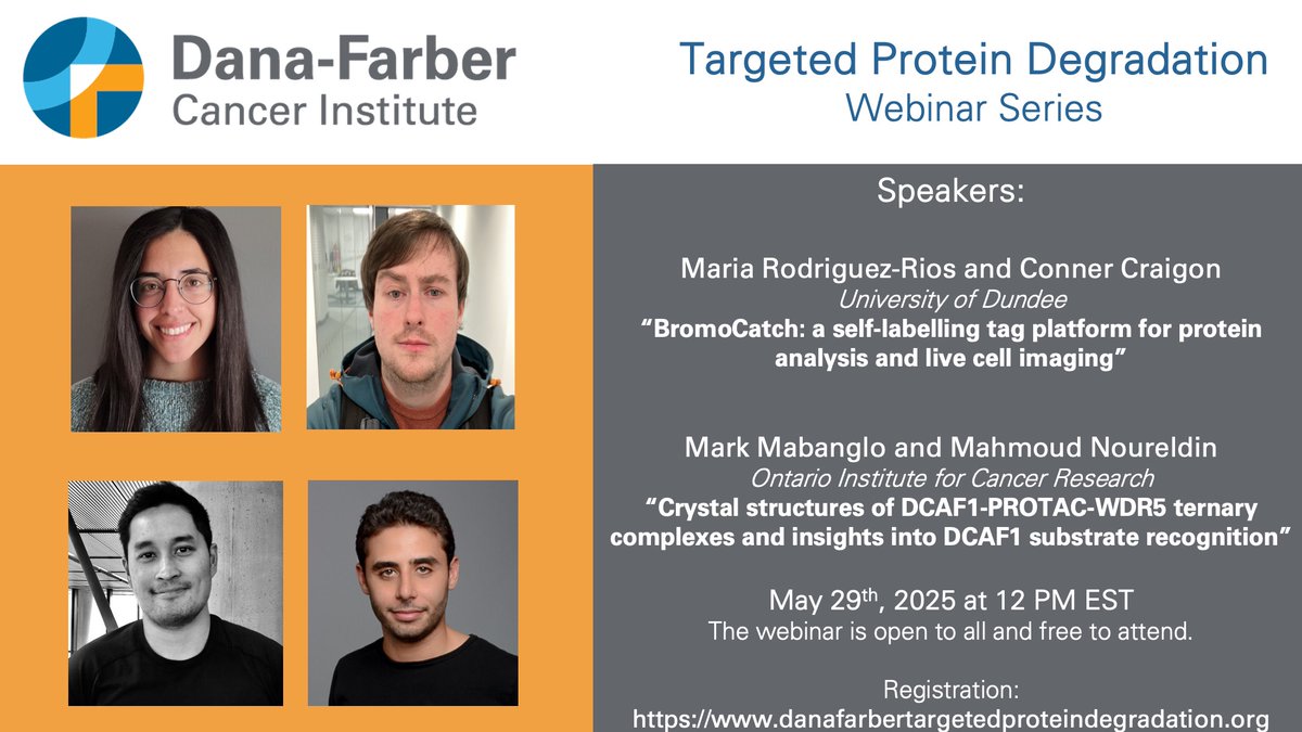 Zuzanna Kozicka (@zkozicka) on Twitter photo Tune in this Thursday for two great #TPD talks:
1) Maria Rodriguez-Rios & Conner Craigon <a href="/dundeeuni/">University of Dundee</a> <a href="/UoDCeTPD/">Centre for Targeted Protein Degradation</a> will discuss BromoCatch
2) Mark Mabanglo & Mahmoud Noureldin <a href="/OICR_news/">Ontario Institute for Cancer Research (OICR)</a> will present DCAF1-PROTAC-WDR5 structures
👉Join us on May 29th at 12 PM EST/ 6 pm CET Tune in this Thursday for two great #TPD talks:
1) Maria Rodriguez-Rios & Conner Craigon <a href="/dundeeuni/">University of Dundee</a> <a href="/UoDCeTPD/">Centre for Targeted Protein Degradation</a> will discuss BromoCatch
2) Mark Mabanglo & Mahmoud Noureldin <a href="/OICR_news/">Ontario Institute for Cancer Research (OICR)</a> will present DCAF1-PROTAC-WDR5 structures
👉Join us on May 29th at 12 PM EST/ 6 pm CET