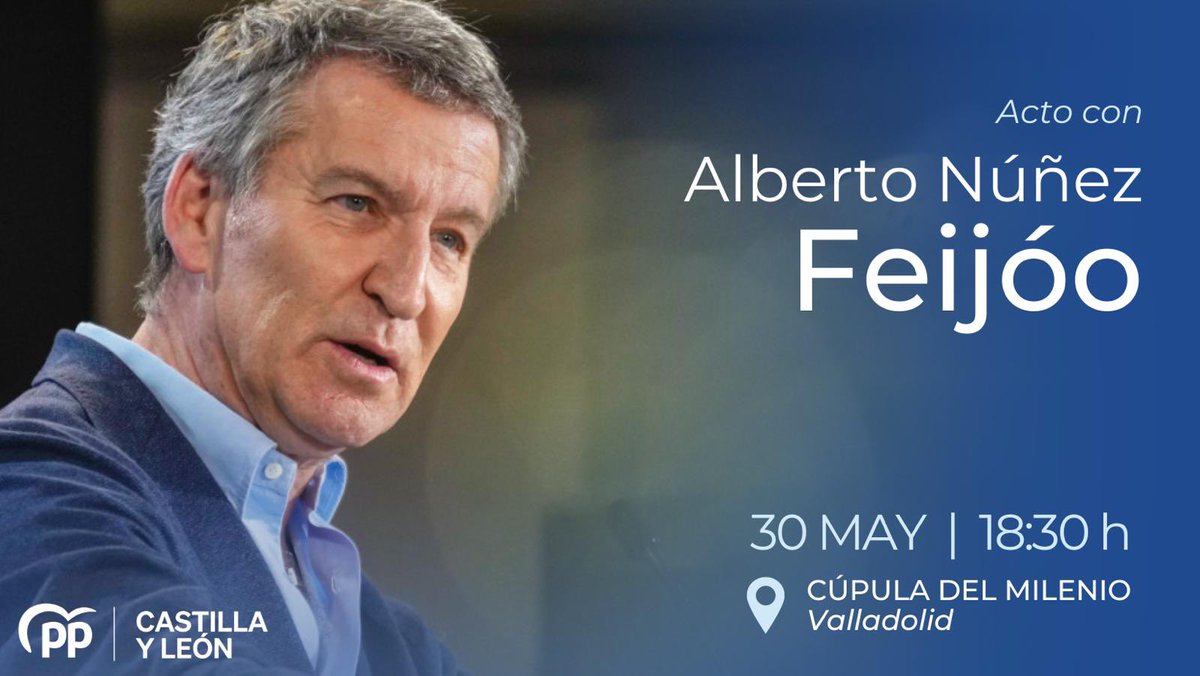 Este viernes, 30 de mayo, tenemos una cita importante en #Valladolid.
A las 18:30 h en la Cúpula del Milenio, contaremos con la presencia de nuestro presidente nacional, <a href="/NunezFeijoo/">Alberto Núñez Feijóo</a> 
¡Te esperamos para compartir todos juntos proyecto, ilusión y futuro!