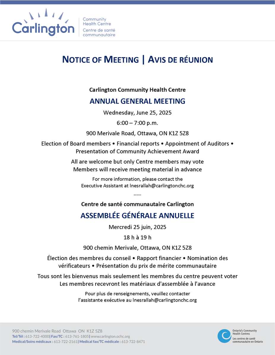 CarlingtonCHC (@carlingtonchc) on Twitter photo 📢 AVIS DE RÉUNION 📢
Participez à l’Assemblée générale annuelle du Centre de santé communautaire Carlington! Tous sont les bienvenus, mais seuls les membres du Centre peuvent voter.
ℹ️ Pour plus de renseignements : Inesrallah@carlingtonchc.org 📢 AVIS DE RÉUNION 📢
Participez à l’Assemblée générale annuelle du Centre de santé communautaire Carlington! Tous sont les bienvenus, mais seuls les membres du Centre peuvent voter.
ℹ️ Pour plus de renseignements : Inesrallah@carlingtonchc.org