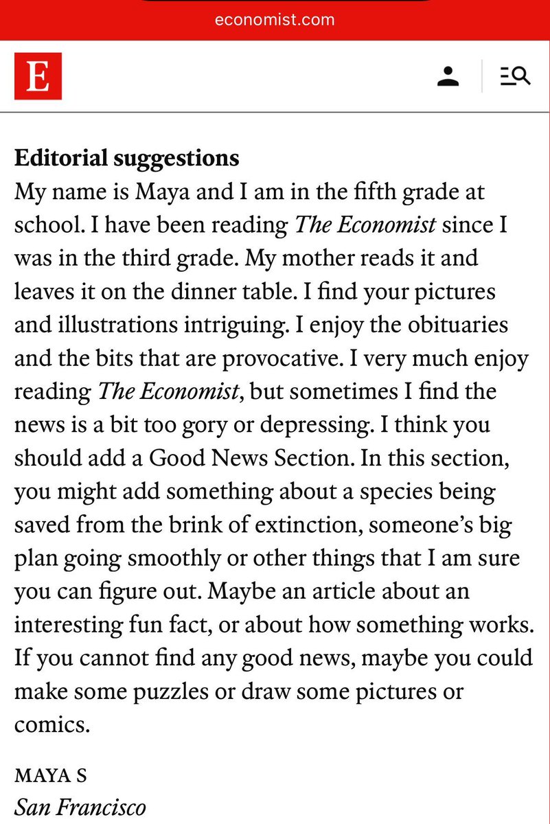 Jose A. García Avilés (@jagaraviles) on Twitter photo Esta carta de una niña de 10 años a <a href="/TheEconomist/">The Economist</a> me representa.
Necesitamos más periodismo constructivo que inspire y destaque las cosas buenas.
Tanta negatividad me acaba cansando🤨 Esta carta de una niña de 10 años a <a href="/TheEconomist/">The Economist</a> me representa.
Necesitamos más periodismo constructivo que inspire y destaque las cosas buenas.
Tanta negatividad me acaba cansando🤨