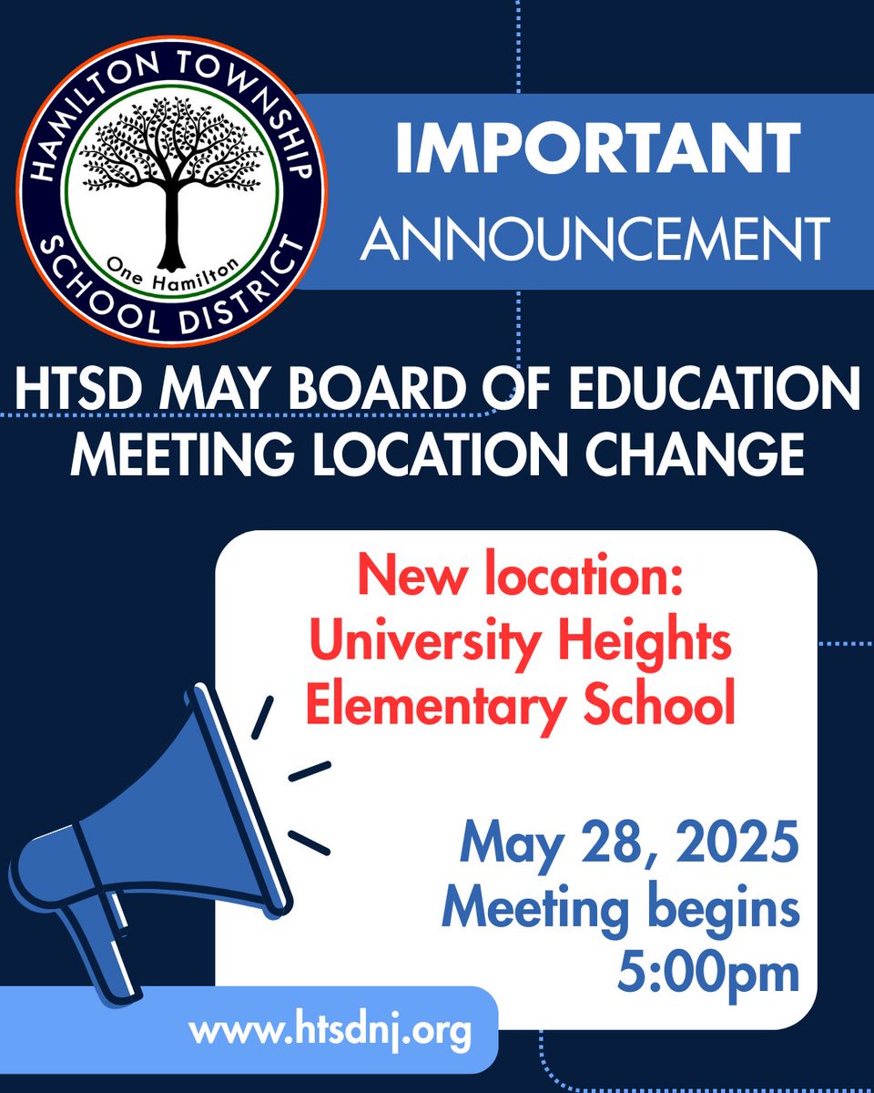 WeAreHTSD (@wearehtsd) on Twitter photo 📣 IMPORTANT HTSD ANNOUNCEMENT
The May 28, 2025 Board of Education meeting location has been CHANGED.
New location: <a href="/HTSD_UnivHts/">University Heights</a>
🕰Start time: 5:00pm
#HTSD #HTSDpride
<a href="/ScottRRocco/">Scott Rocco, Ed.D.</a> <a href="/HTSDSecondary/">Jim Altobello Ed.D.</a> <a href="/HTSD_HR/">@HTSD_HR</a> <a href="/HTSDCurriculum/">Hamilton Twp. C&I</a> <a href="/HamiltonTwpNJ/">Hamilton Township NJ</a> <a href="/LauraGeltch/">Laura Geltch</a> <a href="/HTSD_Tech/">HTSD Technology Department</a> 📣 IMPORTANT HTSD ANNOUNCEMENT
The May 28, 2025 Board of Education meeting location has been CHANGED.
New location: <a href="/HTSD_UnivHts/">University Heights</a>
🕰Start time: 5:00pm
#HTSD #HTSDpride
<a href="/ScottRRocco/">Scott Rocco, Ed.D.</a> <a href="/HTSDSecondary/">Jim Altobello Ed.D.</a> <a href="/HTSD_HR/">@HTSD_HR</a> <a href="/HTSDCurriculum/">Hamilton Twp. C&I</a> <a href="/HamiltonTwpNJ/">Hamilton Township NJ</a> <a href="/LauraGeltch/">Laura Geltch</a> <a href="/HTSD_Tech/">HTSD Technology Department</a>