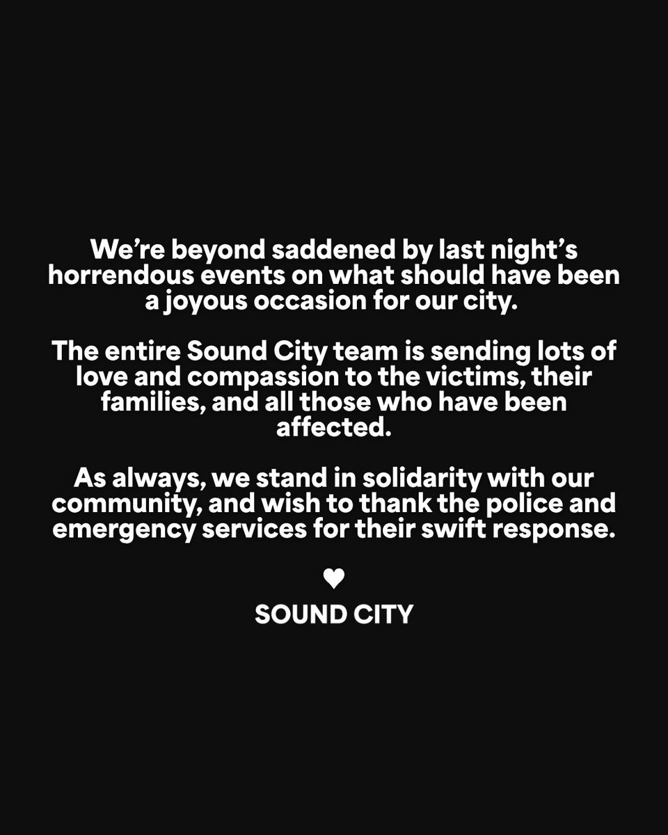 Liverpool Sound City (@soundcity) on Twitter photo Weโre beyond saddened by last nightโs horrendous events on what should have been a joyous occasion for our city.
The entire Sound City team is sending lots of love and compassion to the victims, their families, and all those who have been affected.
As always, we stand in Weโre beyond saddened by last nightโs horrendous events on what should have been a joyous occasion for our city.
The entire Sound City team is sending lots of love and compassion to the victims, their families, and all those who have been affected.
As always, we stand in