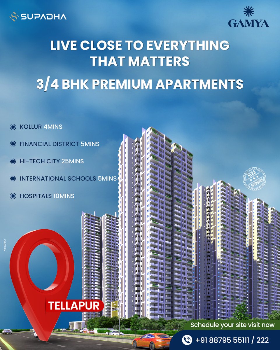 supadha's tweet photo. 🏙️Live close to what matters at #GamyaTellapur!
3/4 BHK Premium Apartments with top schools, hospitals &amp; IT hubs just mins away.
📍Tellapur | RERA Approved
📲 +91 88795 55111
#HyderabadRealEstate #LuxuryLiving #SupadhaGamya https://t.co/UKmbXKlKAl