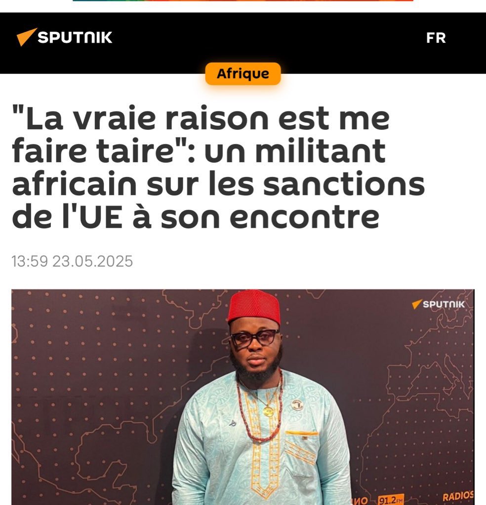 EgountchiLdna's tweet photo. Pour les Occidentaux, "dans leur tête, nous sommes des petits nègres"

🌍 Ils ont du mal à accepter le fait que les Africains peuvent les vaincre "sur leur propre terrain, idéologiquement, politiquement", avance le président de la Ligue de défense noire africaine auprès de Sputnik Afrique.

"Des gens qui ont le complexe de supériorité de dire que ces Africains arrivent à nous dégager du Mali, du Burkina, du Niger, arrivent à mobiliser les populations contre notre politique néocoloniale impérialiste parce que derrière, c'est la Russie qui les pilote", selon Égountchi Behanzin.

Cependant, c'est pour l'intérêt de l'Afrique qu'on se bat, poursuit-il. "L'histoire a toujours fait que la Russie a toujours été avec nous et c'est peut-être cela qui dérange."
