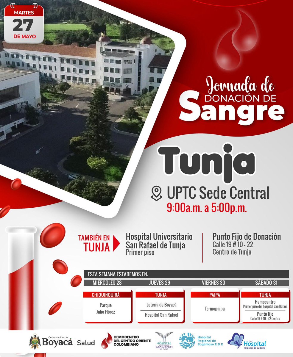 🩸 #Tunja
📍UPTC
📅 Martes 27 de mayo 2025
🕘 9:00 a.m. a 5:00 p.m.

✅ Cédula
✅ Mayor de 18 años y +50kg
✅ Sin hipertensión, diabetes ni antibióticos recientes
✅ Come algo antes de donar

💉 Dona sangre, salva 3 vidas ❤️