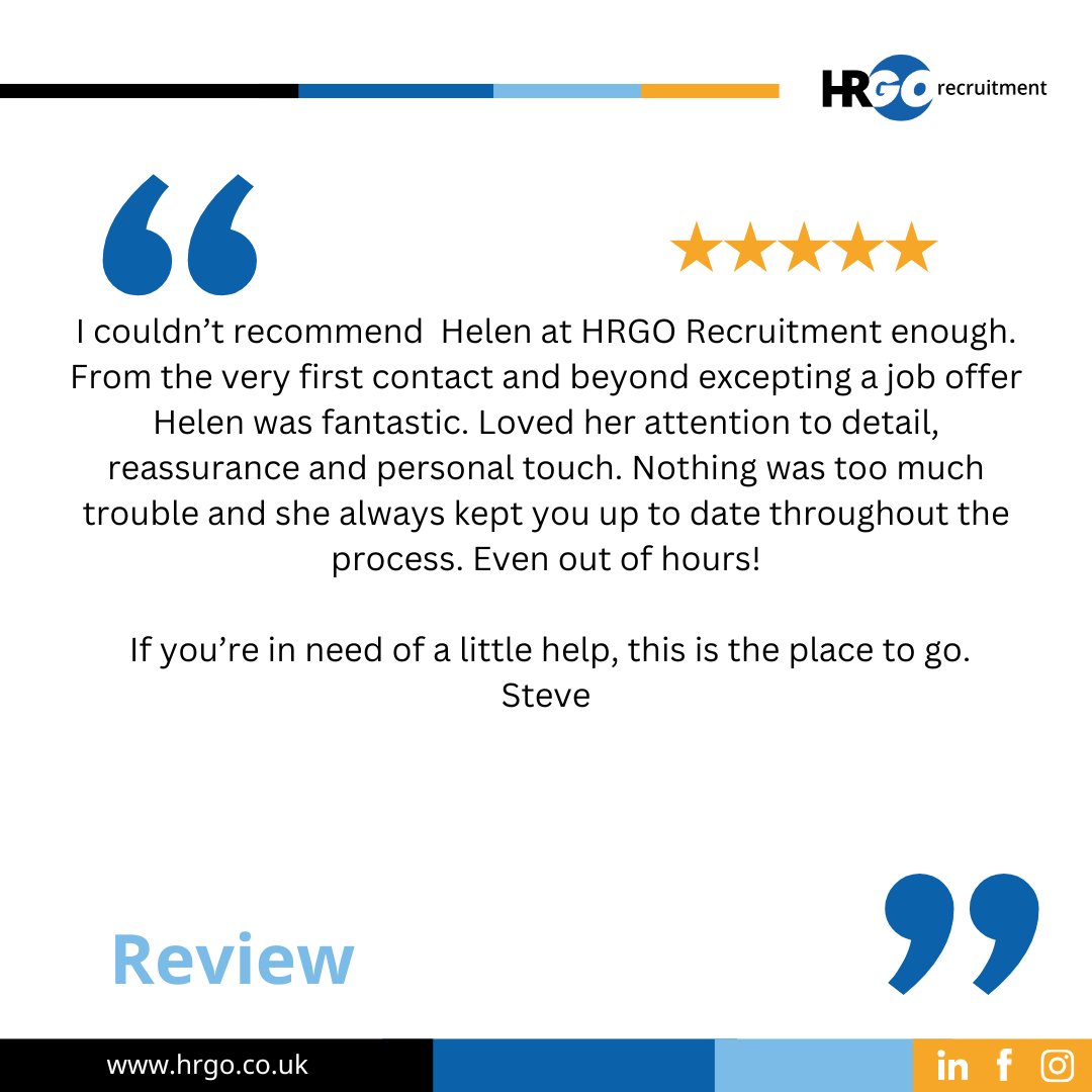 Its #testimonialtuesday! Wonderful feedback from Steve, I  placed recently. Thanks Steve, appreciate you taking the time to give me  feedback

#5starservice #recruitment #permrecruitment

HRGO Recruitment HRGO Recruitment - South West