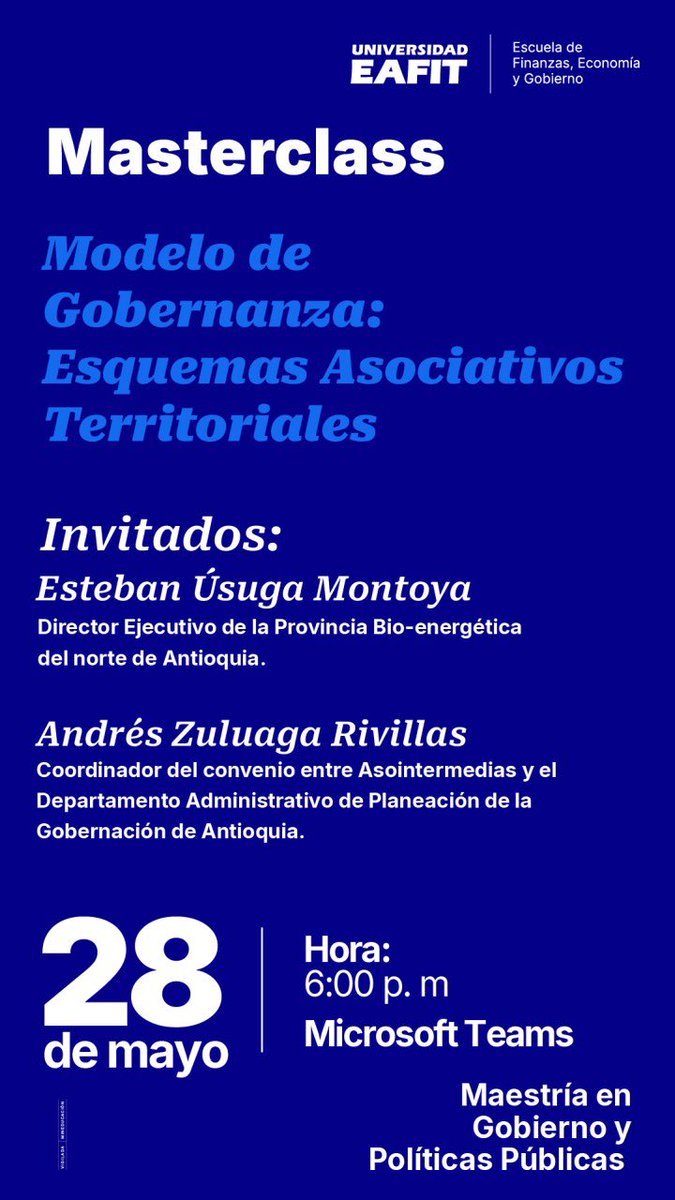 ¿Cómo se gobierna desde lo local cuando los problemas no respetan fronteras?

Mañana en la masterclass virtual de <a href="/mgppeafit/">Maestría en Gobierno y Políticas Publicas</a> exploramos gobernanza multinivel y esquemas asociativos territoriales con dos cracks del tema.
Antioquia lidera el camino en colaboración