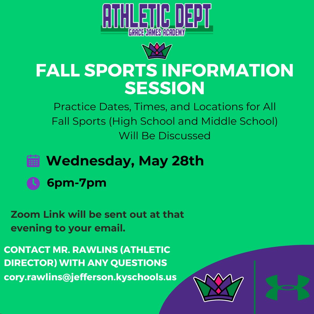 Reminder about tomorrow’s Fall Sports Informational Meeting! Zoom link will be sent to your email tomorrow at 5pm.